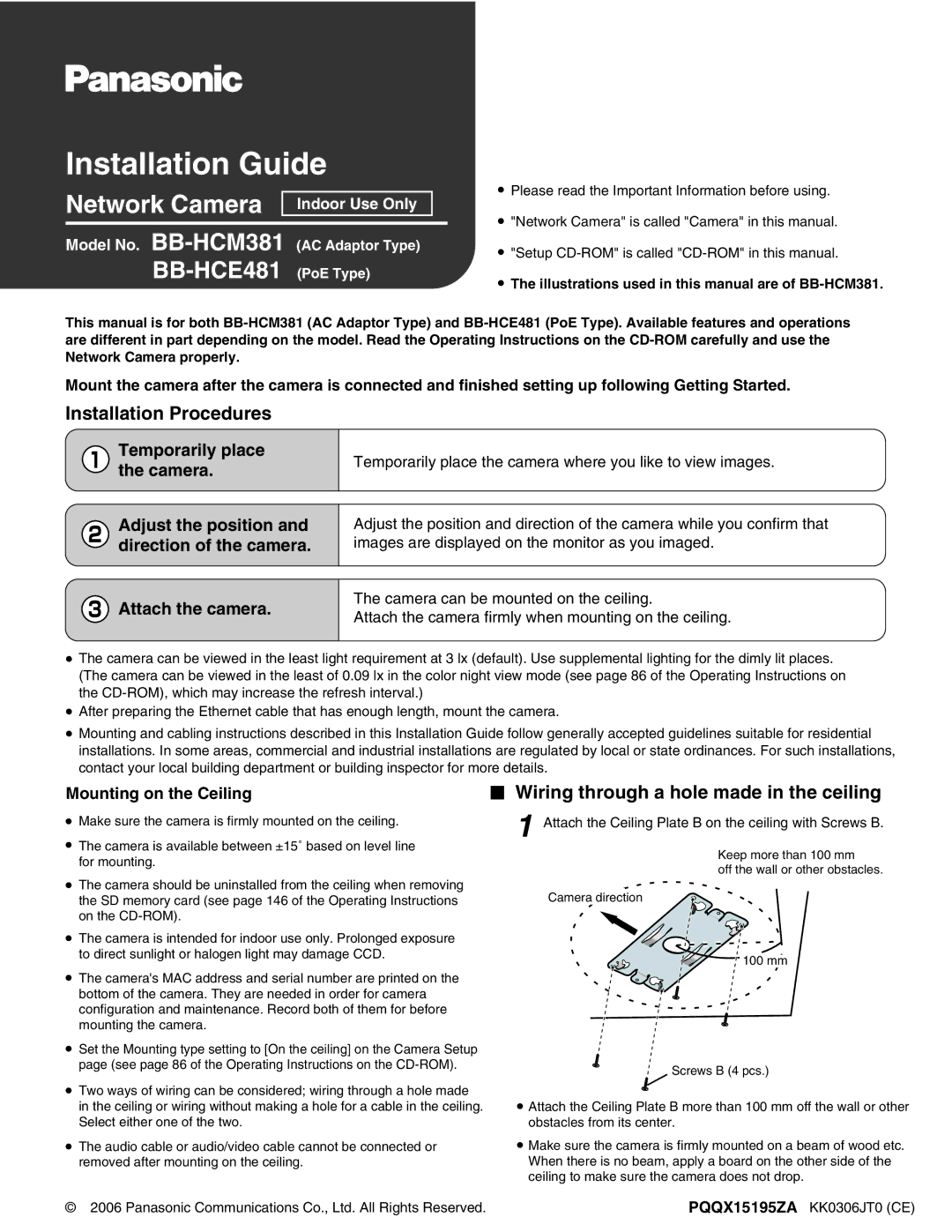 Panasonic BB-HCE481, BB-HCM381 operating instructions Installation Procedures, Wiring through a hole made in the ceiling 