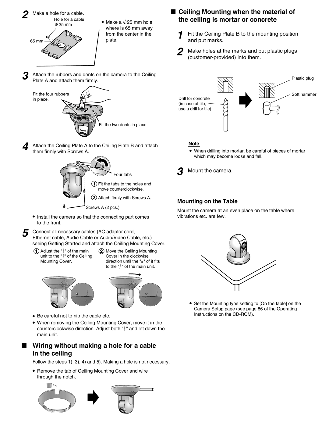 Panasonic BB-HCM381, BB-HCE481 Wiring without making a hole for a cable in the ceiling, Mounting on the Table 