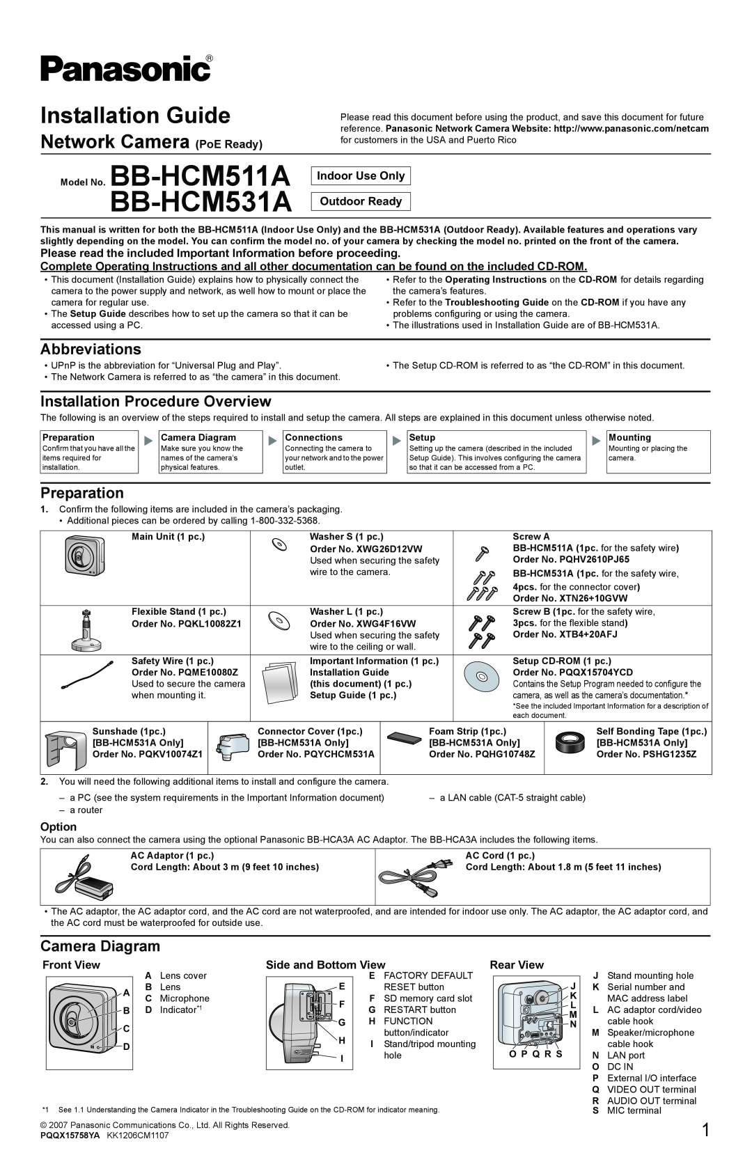 Panasonic BB-HCM511A setup guide Abbreviations, Installation Procedure Overview, Preparation, Camera Diagram, Option 