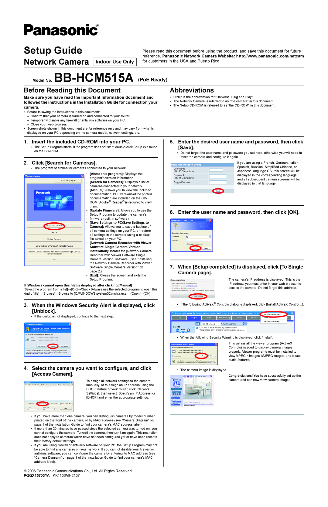 Panasonic setup guide Model No. BB-HCM515A PoE Ready, Before Reading this Document, Abbreviations 