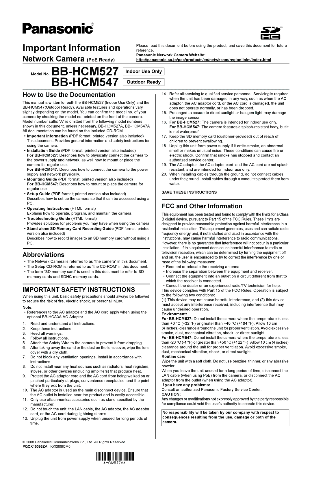 Panasonic BB-HCM547 important safety instructions How to Use the Documentation, Abbreviations, FCC and Other Information 