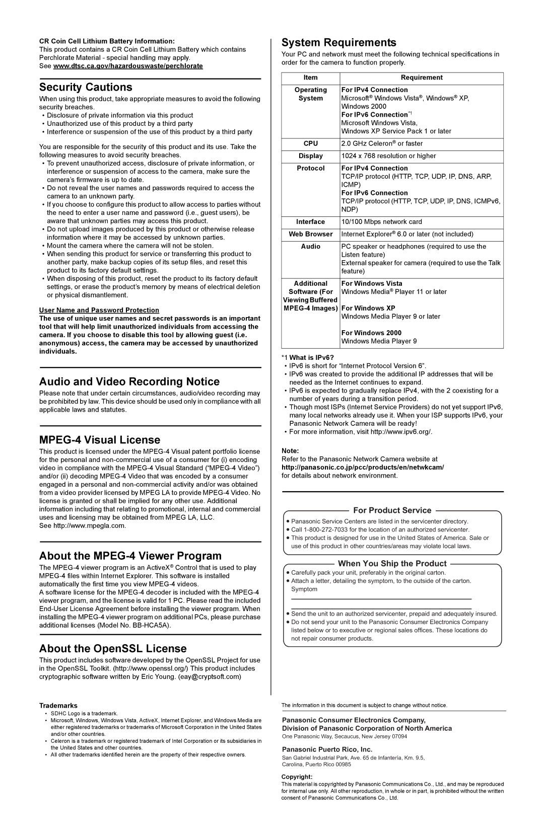 Panasonic BB-HCM547 Security Cautions, Audio and Video Recording Notice, MPEG-4 Visual License, About the OpenSSL License 