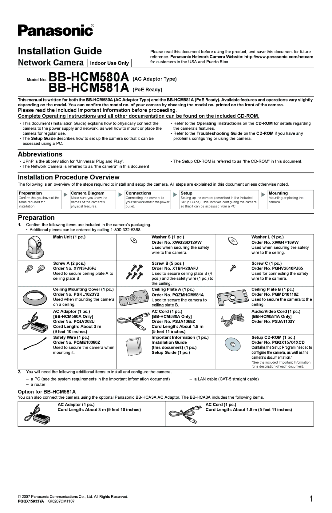 Panasonic BB-HCM581A, BB-HCM580A setup guide Abbreviations, Installation Procedure Overview, Preparation 