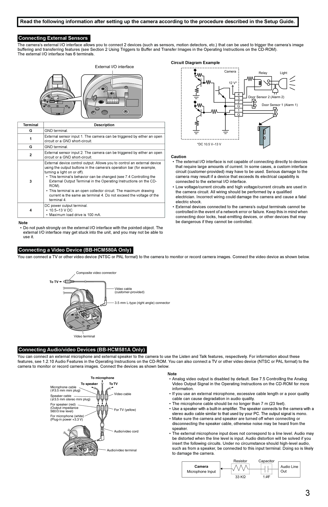 Panasonic BB-HCM581A Connecting External Sensors, Connecting a Video Device BB-HCM580A Only, Circuit Diagram Example 