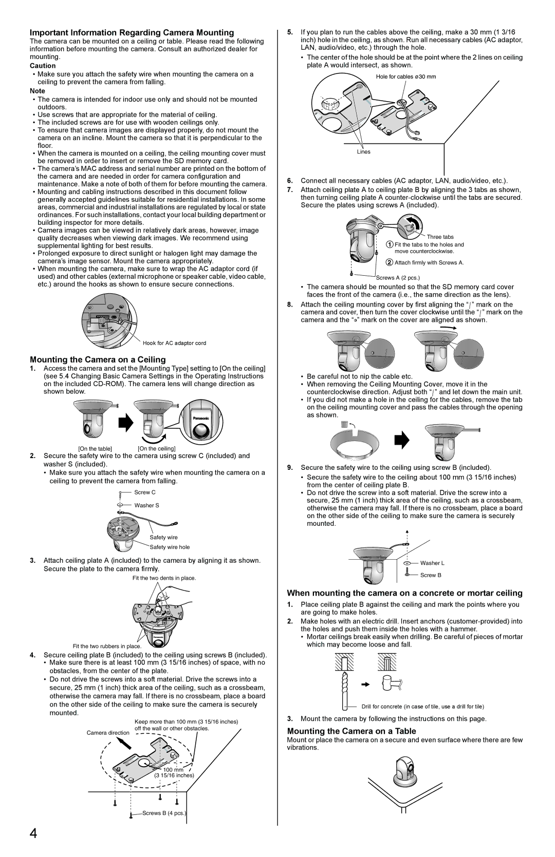 Panasonic BB-HCM580A, BB-HCM581A Important Information Regarding Camera Mounting, Mounting the Camera on a Ceiling 