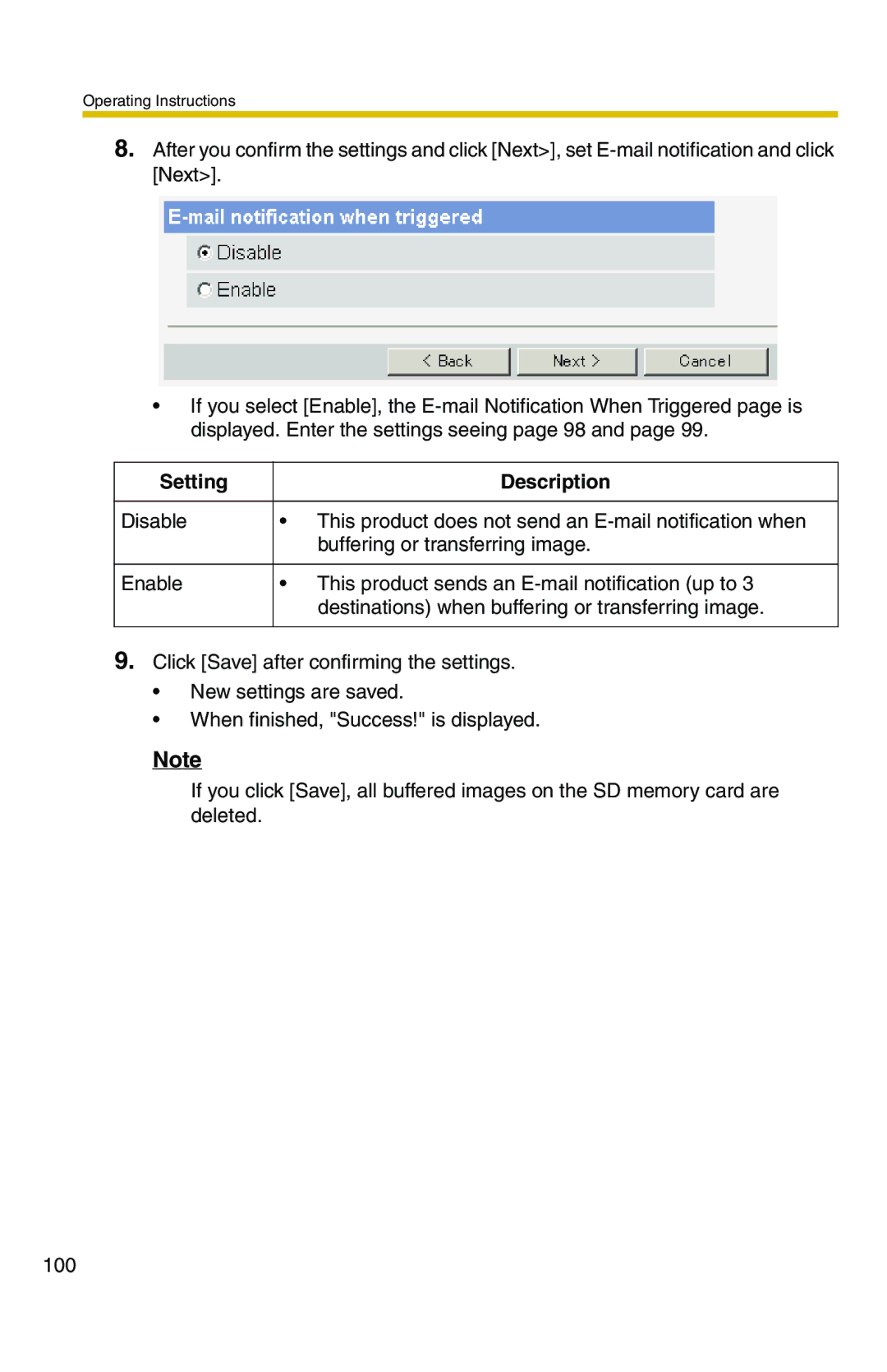 Panasonic BB-HCS301A manual Setting Description 