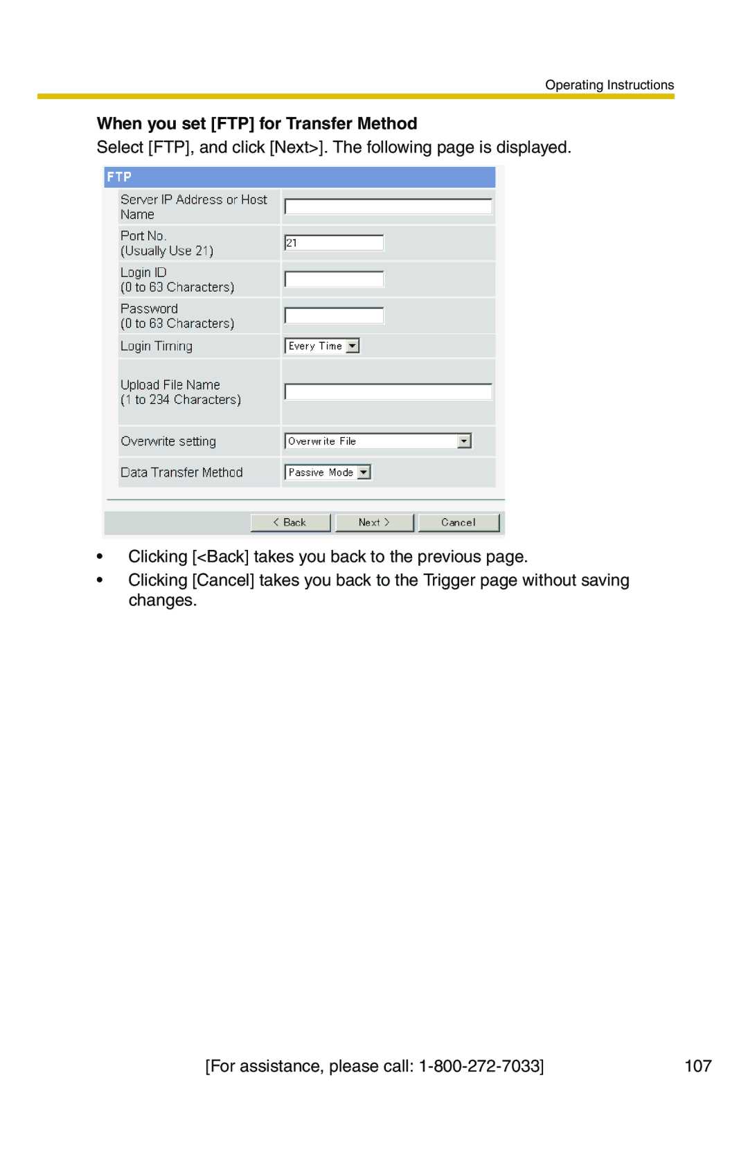 Panasonic BB-HCS301A manual When you set FTP for Transfer Method 