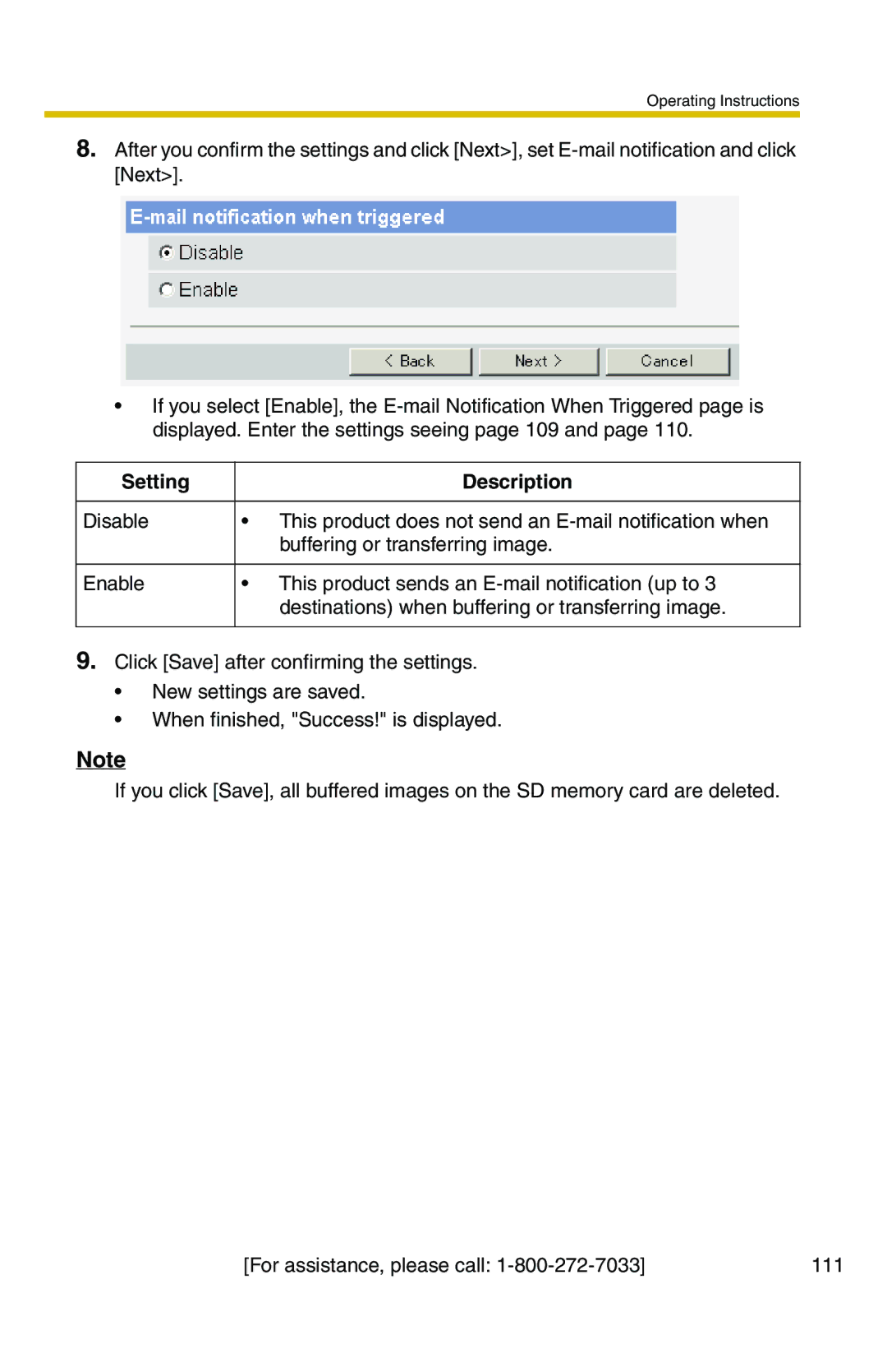 Panasonic BB-HCS301A manual Setting Description 