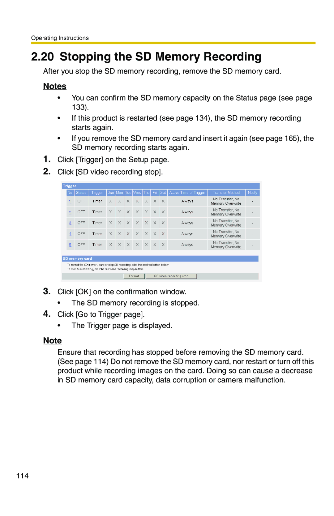 Panasonic BB-HCS301A manual Stopping the SD Memory Recording 