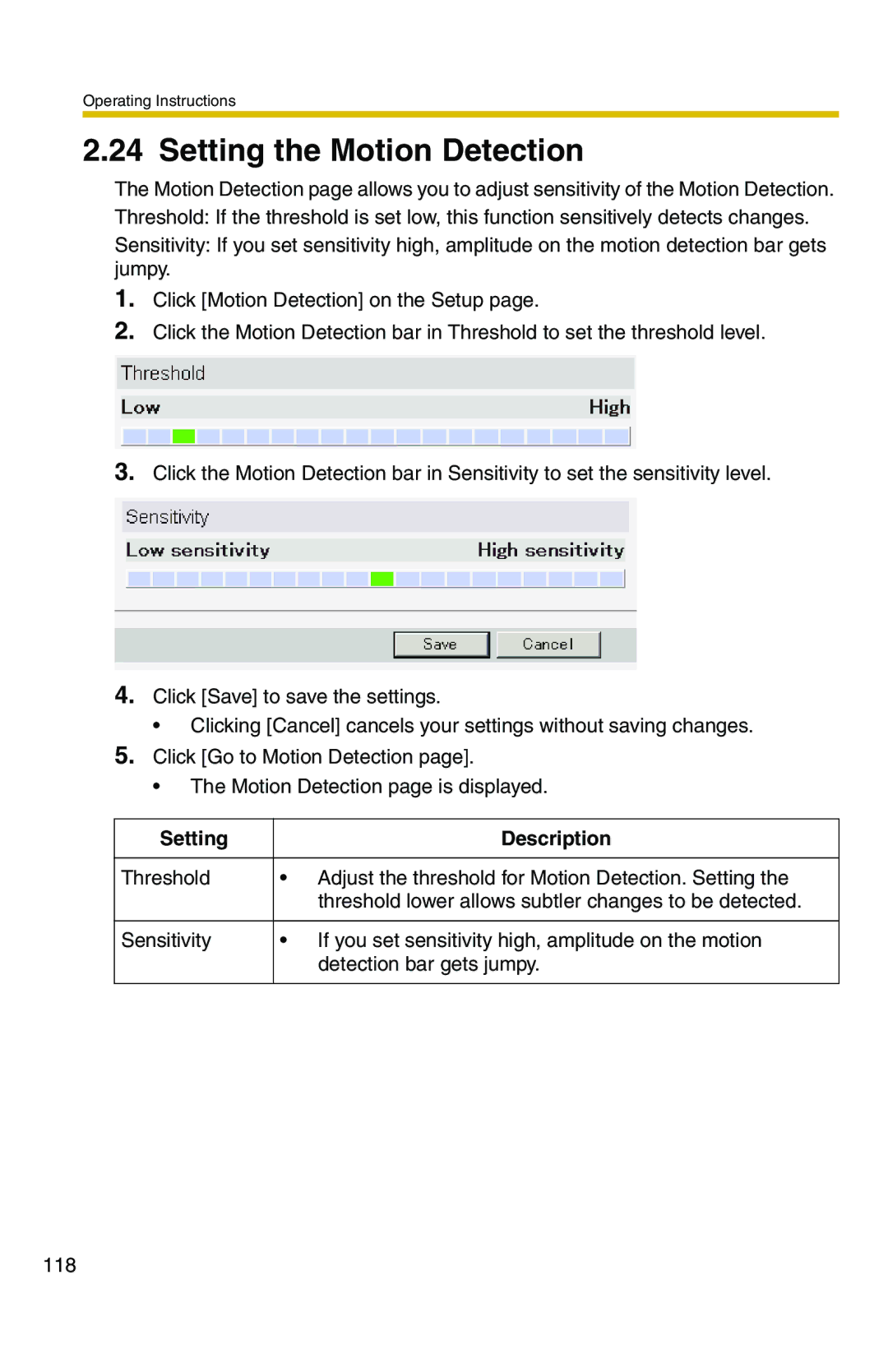 Panasonic BB-HCS301A manual Setting the Motion Detection, Setting Description 