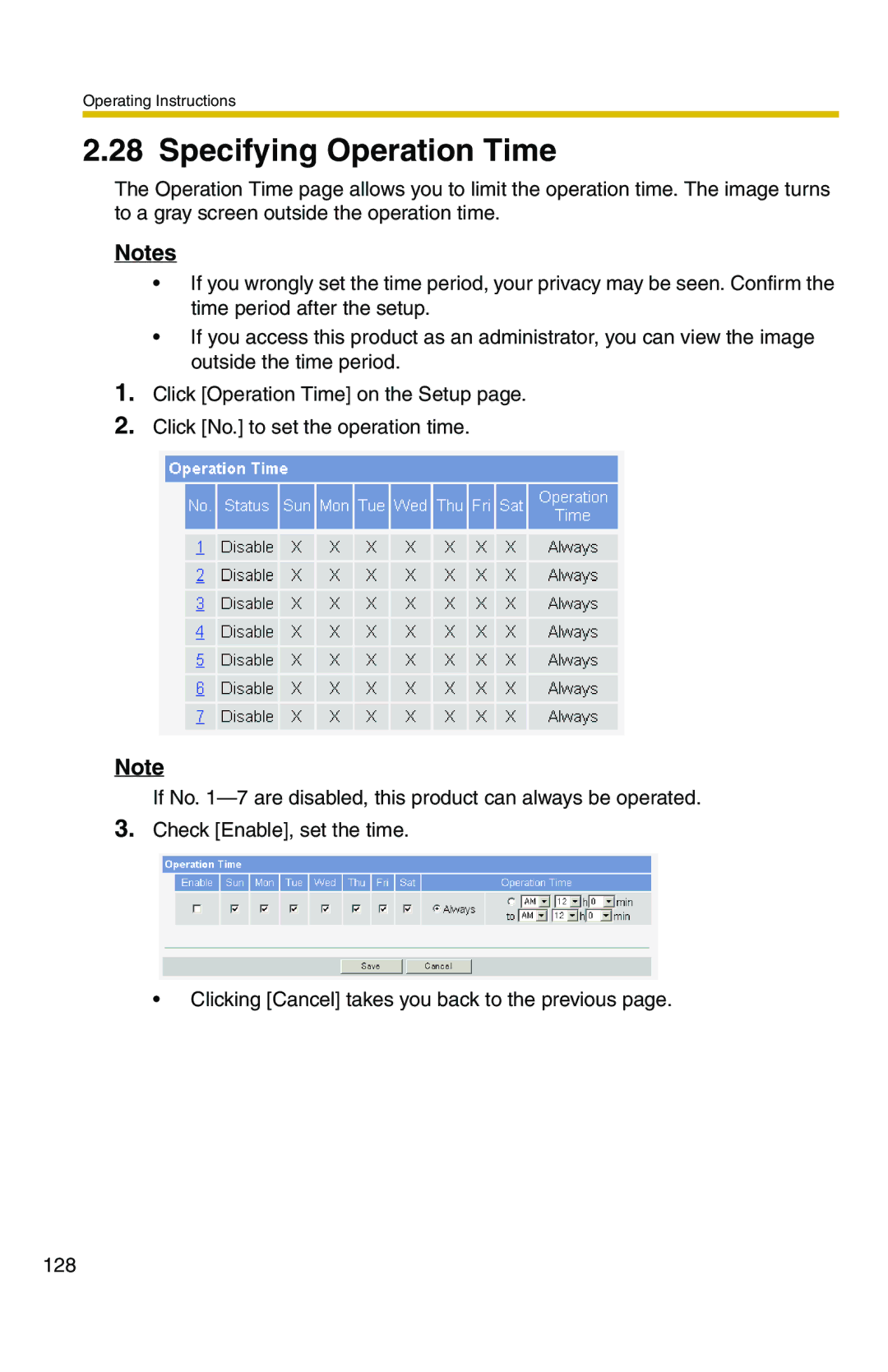 Panasonic BB-HCS301A manual Specifying Operation Time 