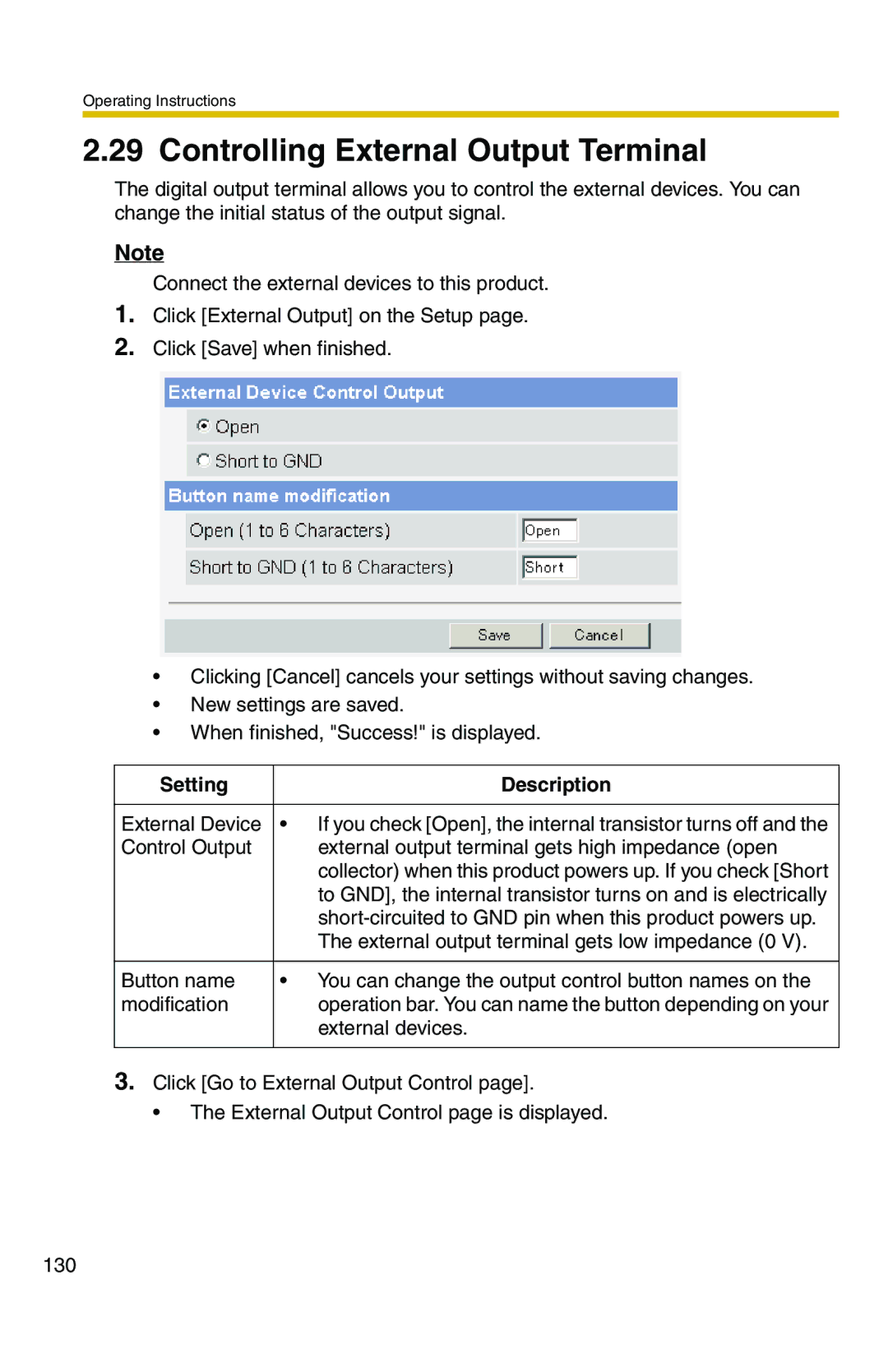 Panasonic BB-HCS301A manual Controlling External Output Terminal 