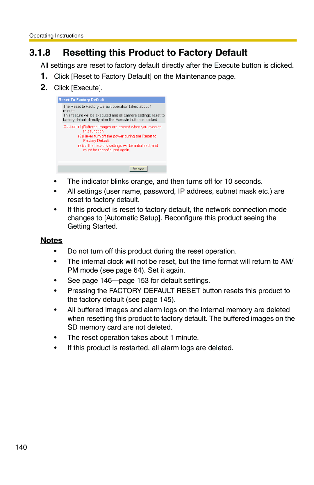 Panasonic BB-HCS301A manual Resetting this Product to Factory Default 