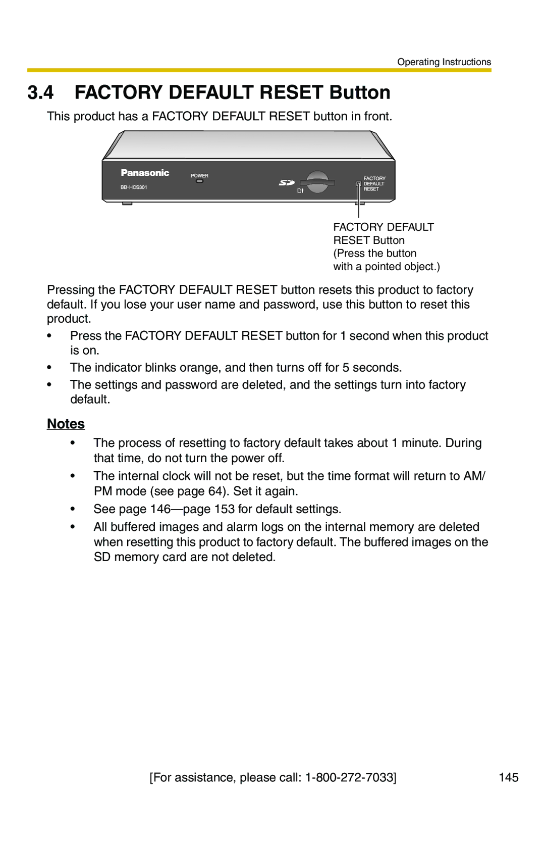 Panasonic BB-HCS301A manual Factory Default Reset Button 