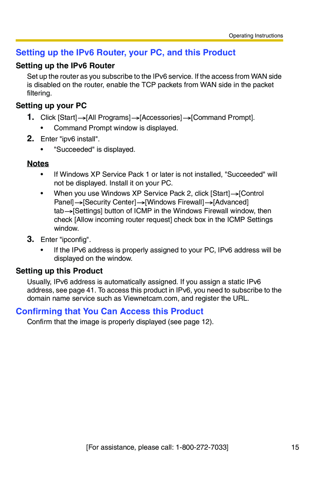 Panasonic BB-HCS301A Setting up the IPv6 Router, your PC, and this Product, Confirming that You Can Access this Product 