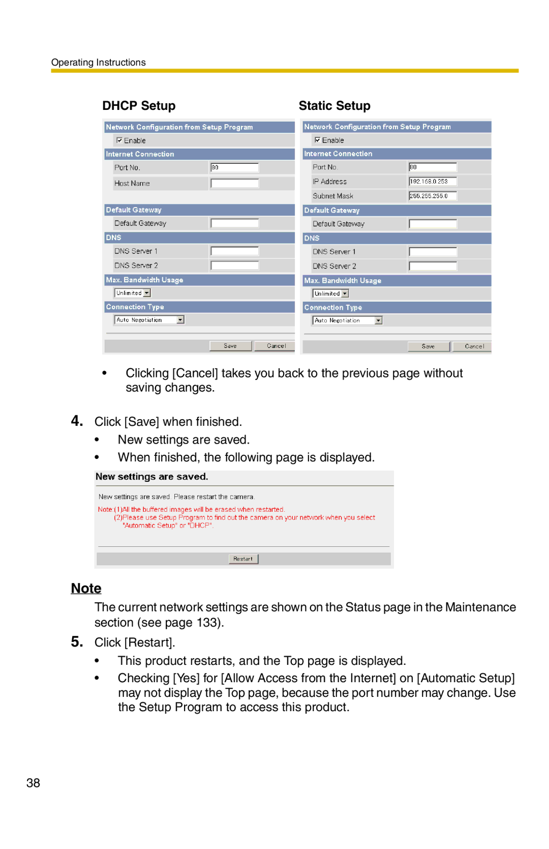 Panasonic BB-HCS301A manual Dhcp Setup Static Setup 