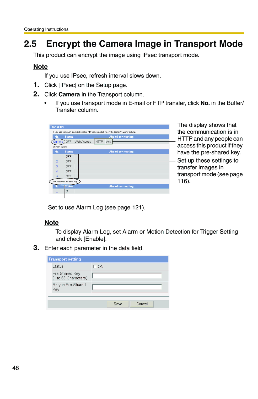 Panasonic BB-HCS301A manual Encrypt the Camera Image in Transport Mode 