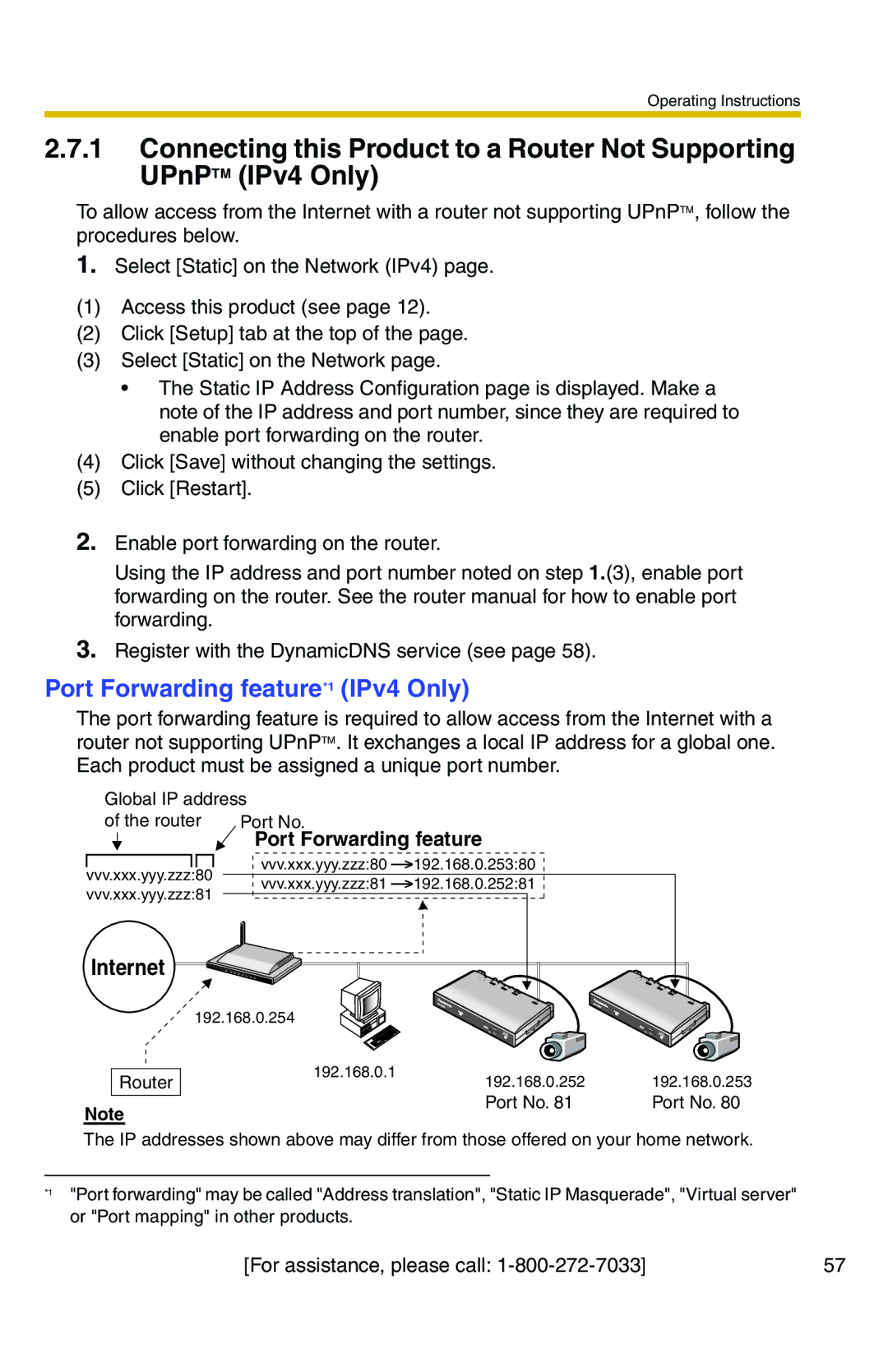 Panasonic BB-HCS301A manual Port Forwarding feature*1 IPv4 Only, Internet 