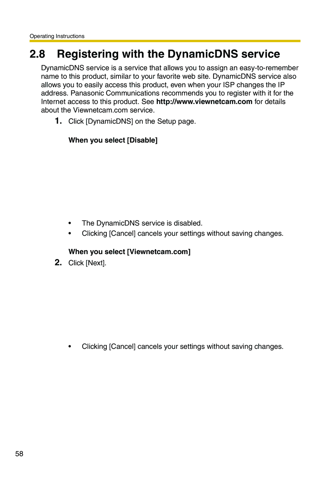 Panasonic BB-HCS301A Registering with the DynamicDNS service, When you select Disable, When you select Viewnetcam.com 