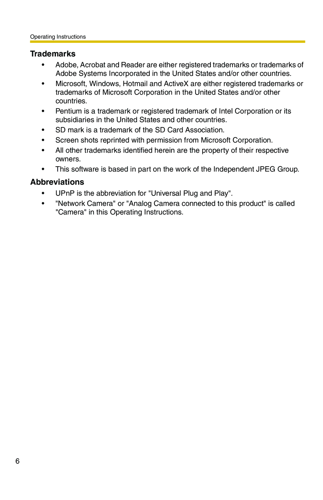 Panasonic BB-HCS301A manual Trademarks, Abbreviations 