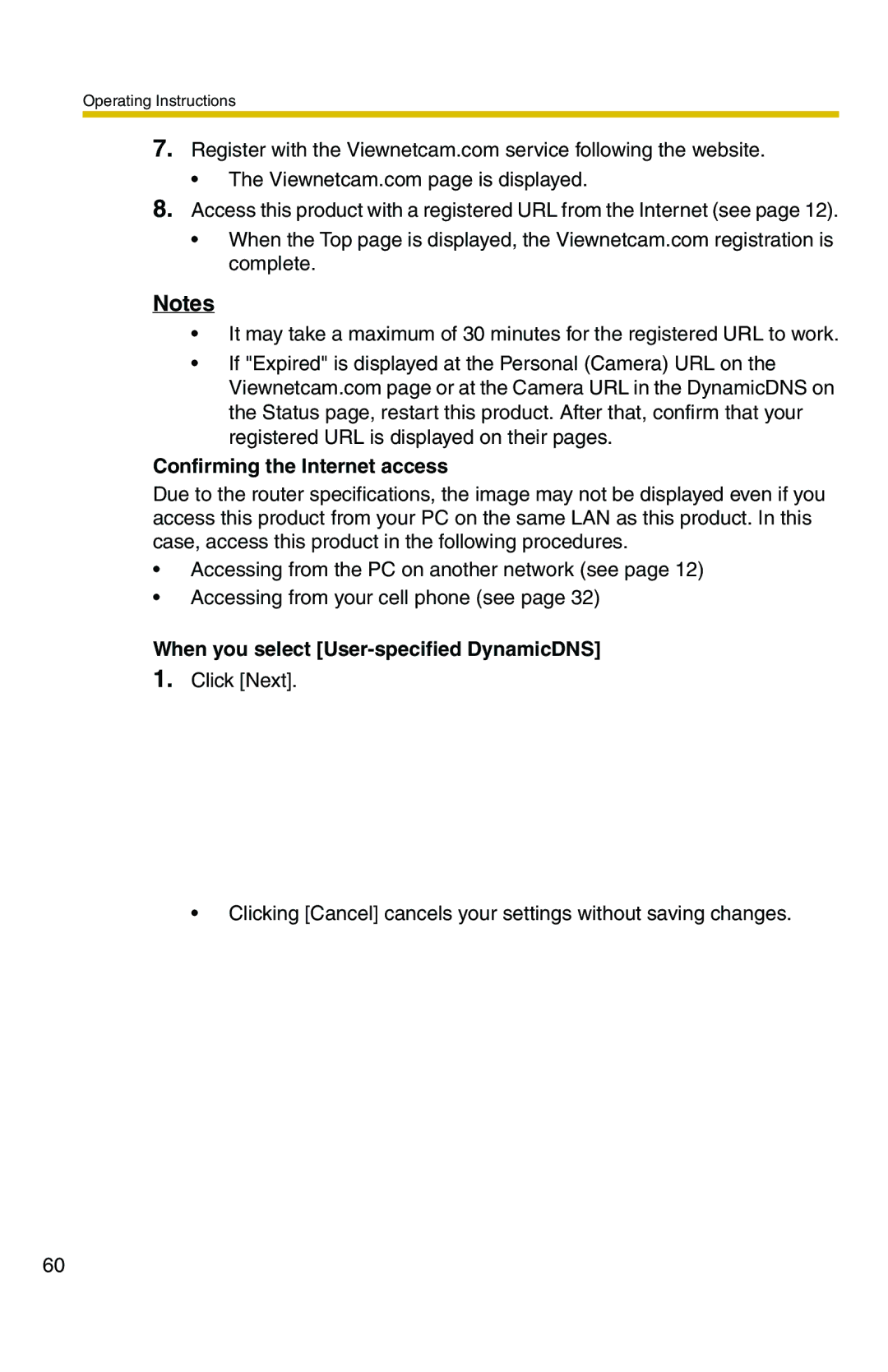 Panasonic BB-HCS301A manual Confirming the Internet access, When you select User-specified DynamicDNS 