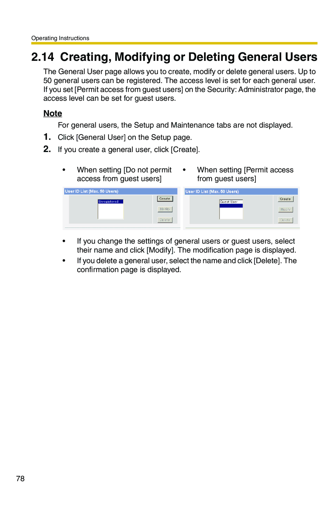 Panasonic BB-HCS301A manual Creating, Modifying or Deleting General Users, Access from guest users From guest users 