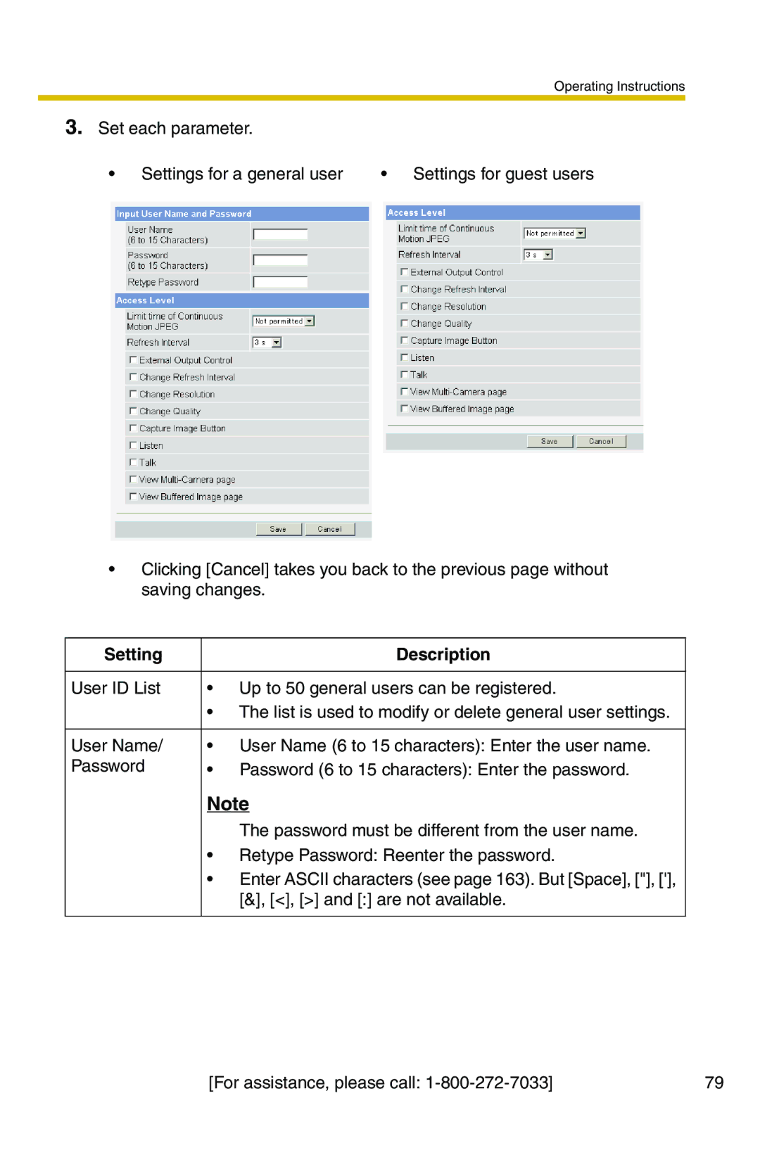 Panasonic BB-HCS301A manual Set each parameter Settings for a general user 