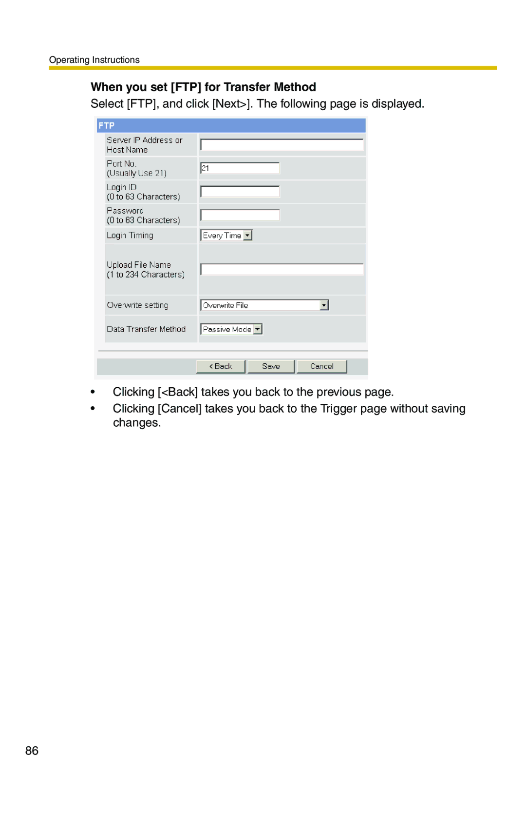 Panasonic BB-HCS301A manual When you set FTP for Transfer Method 