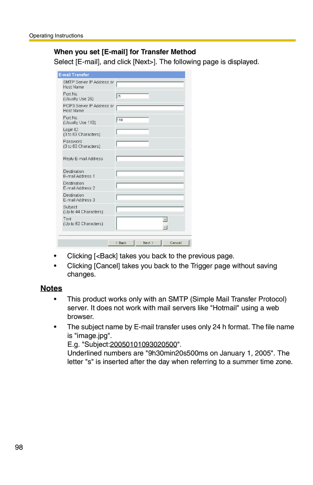 Panasonic BB-HCS301A manual When you set E-mail for Transfer Method 