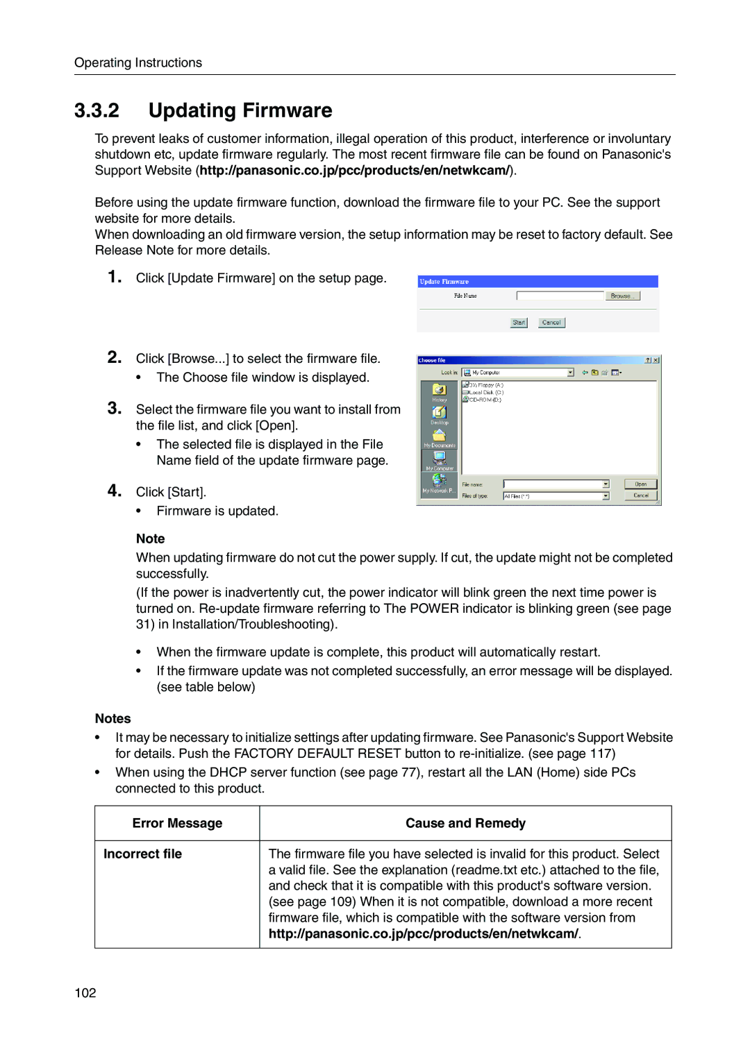 Panasonic BB-HGW700A manual Updating Firmware, Error Message Cause and Remedy Incorrect file 