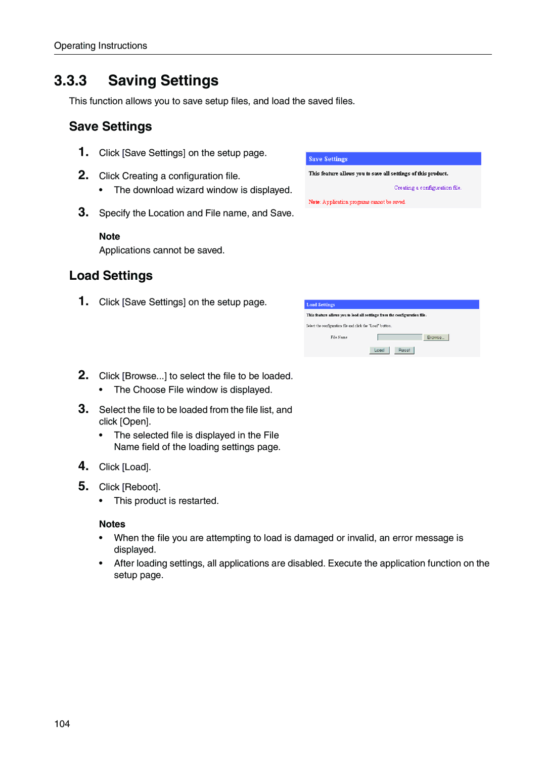 Panasonic BB-HGW700A manual Saving Settings, Save Settings, Load Settings 