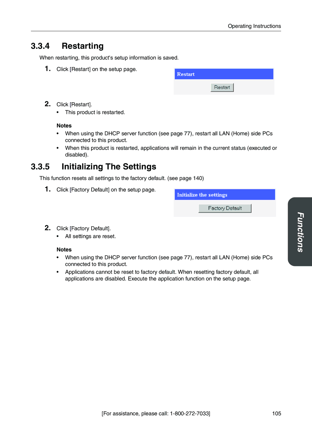 Panasonic BB-HGW700A manual Restarting, Initializing The Settings 