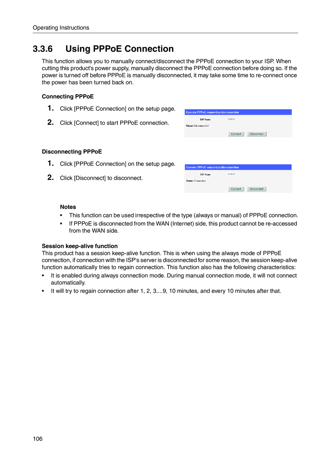 Panasonic BB-HGW700A manual Using PPPoE Connection, Connecting PPPoE, Disconnecting PPPoE, Session keep-alive function 