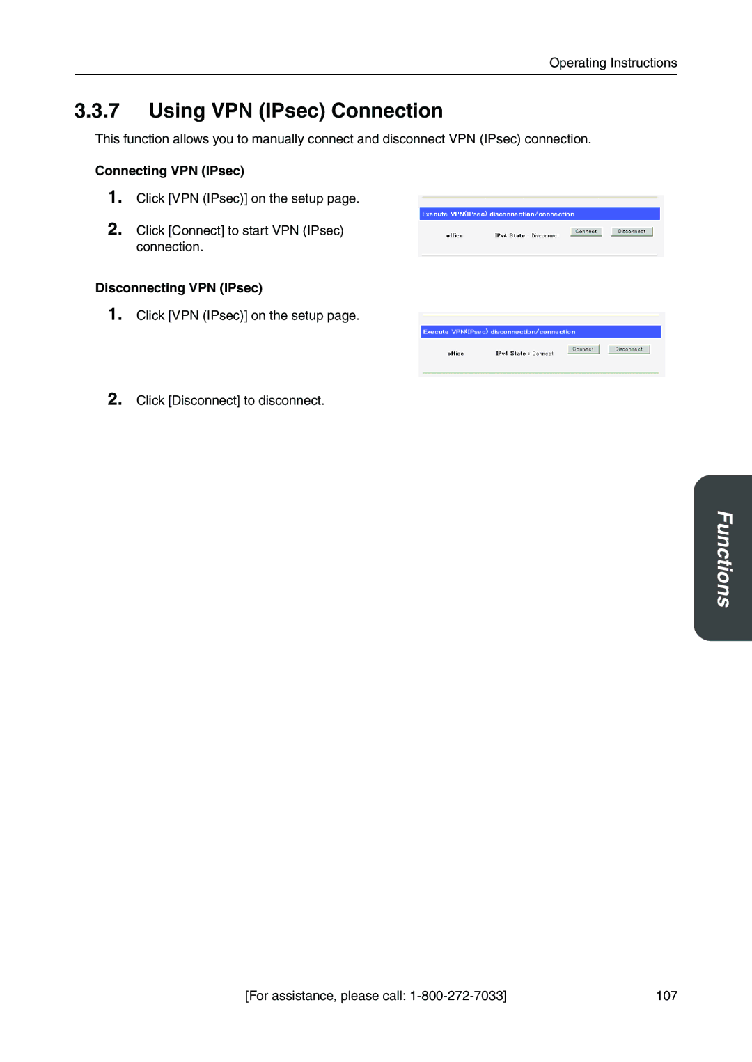 Panasonic BB-HGW700A manual Using VPN IPsec Connection, Connecting VPN IPsec, Disconnecting VPN IPsec 