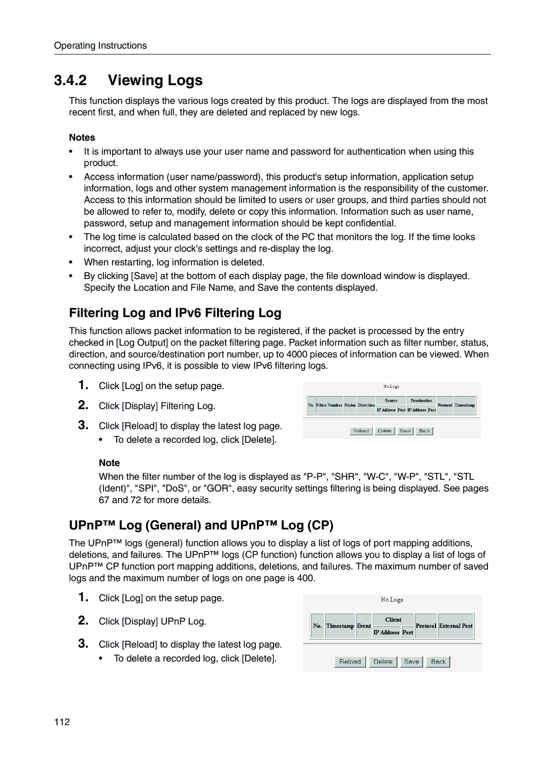 Panasonic BB-HGW700A manual Viewing Logs, Filtering Log and IPv6 Filtering Log, UPnP Log General and UPnP Log CP 