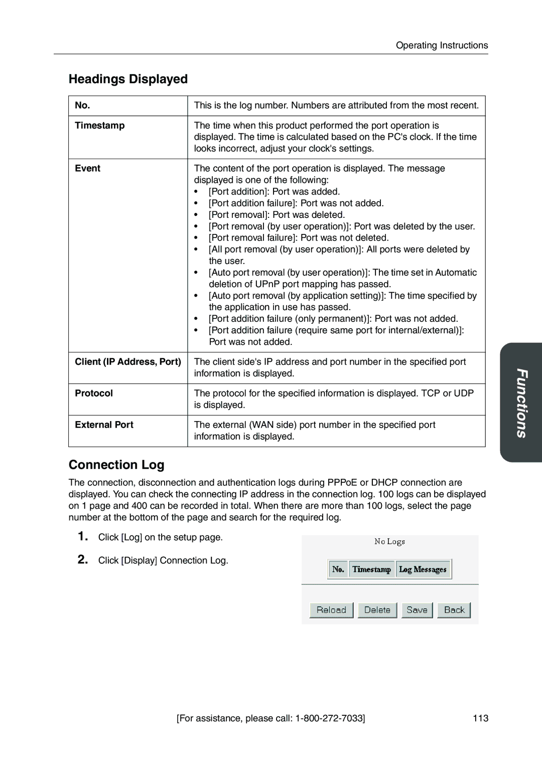 Panasonic BB-HGW700A manual Connection Log, Timestamp, Event, Client IP Address, Port 