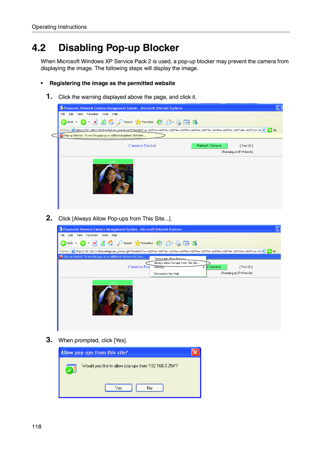 Panasonic BB-HGW700A manual Disabling Pop-up Blocker, Registering the image as the permitted website 