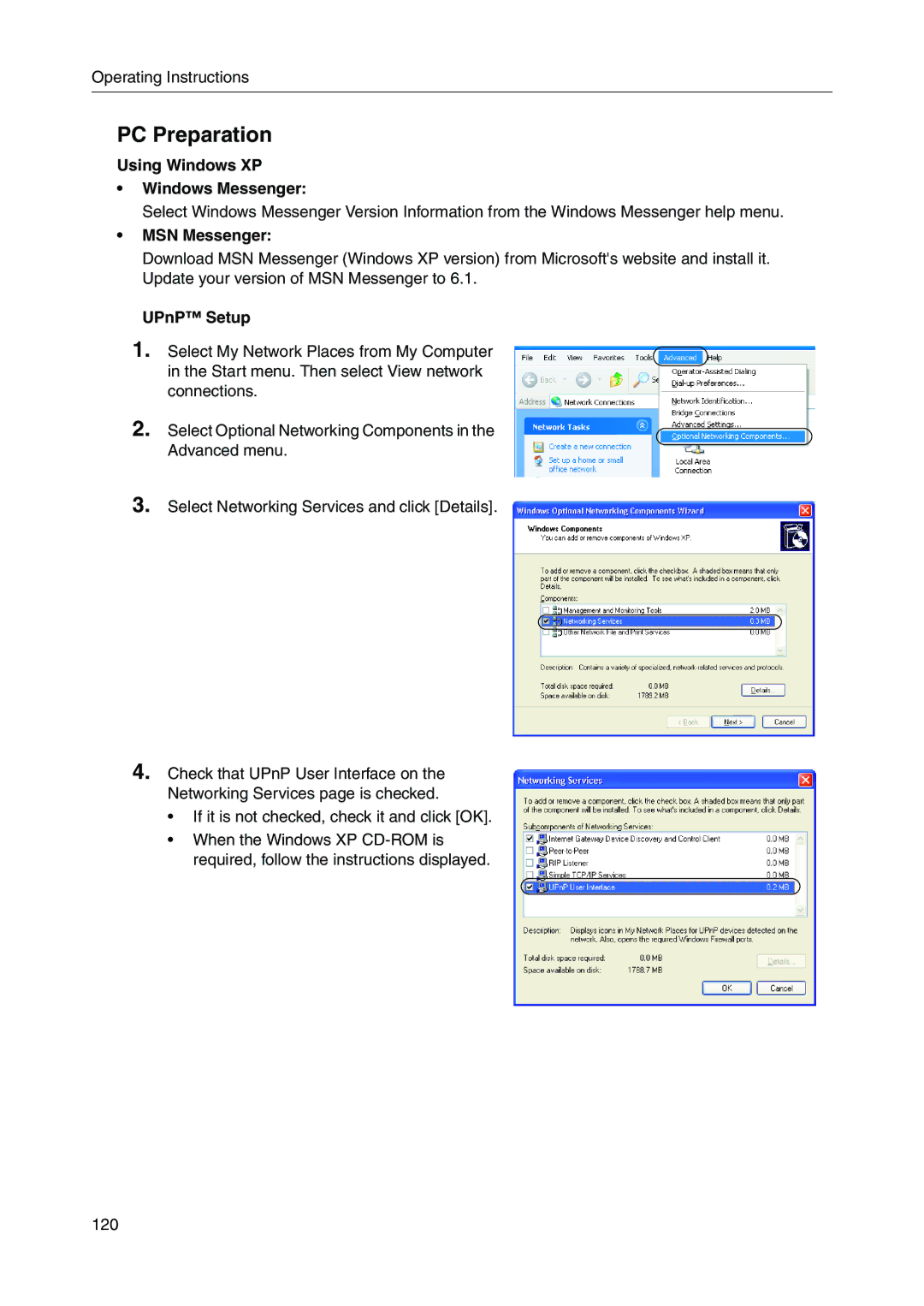 Panasonic BB-HGW700A manual PC Preparation, Using Windows XP Windows Messenger, MSN Messenger, UPnP Setup 