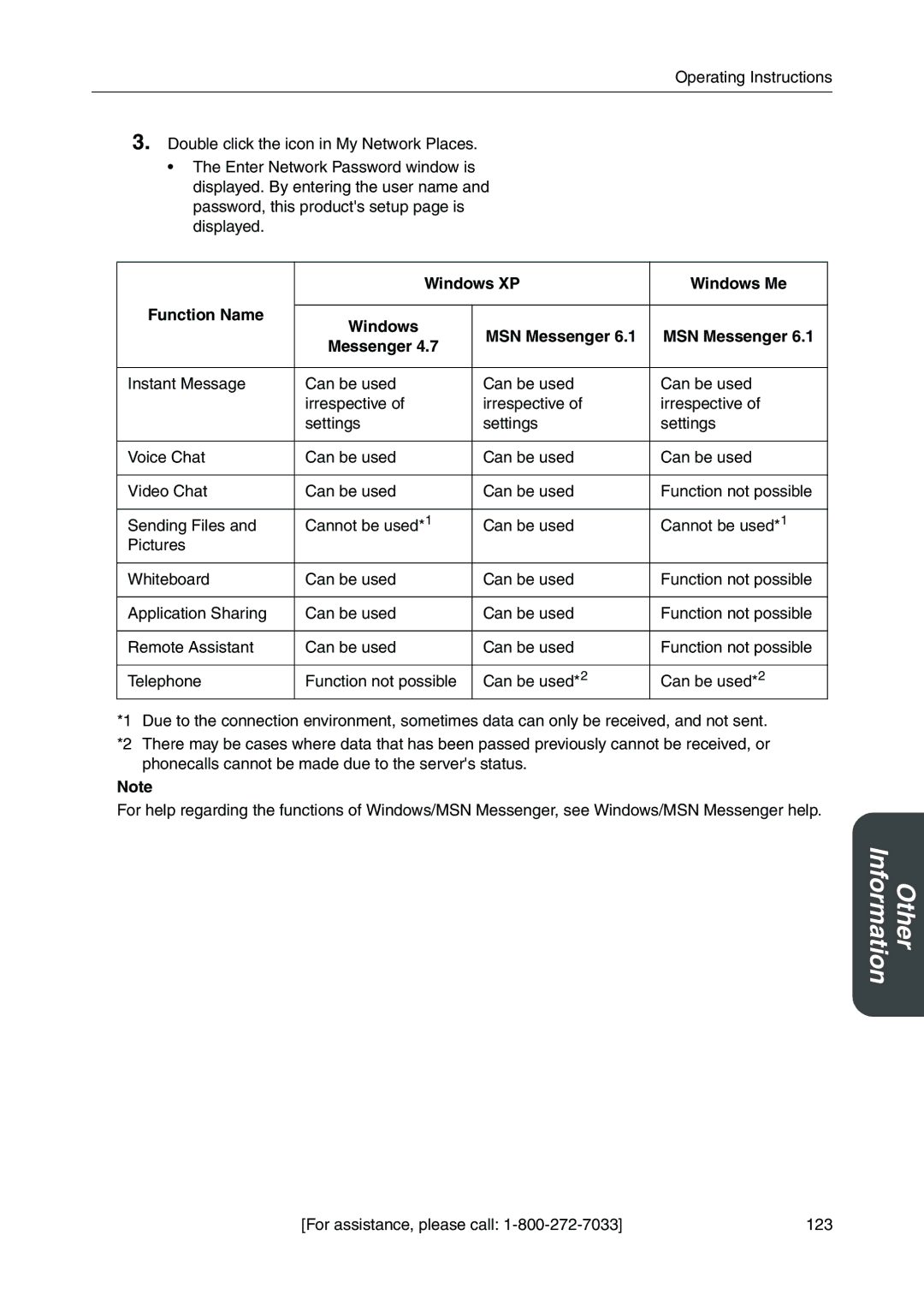 Panasonic BB-HGW700A manual Windows XP Windows Me Function Name MSN Messenger 