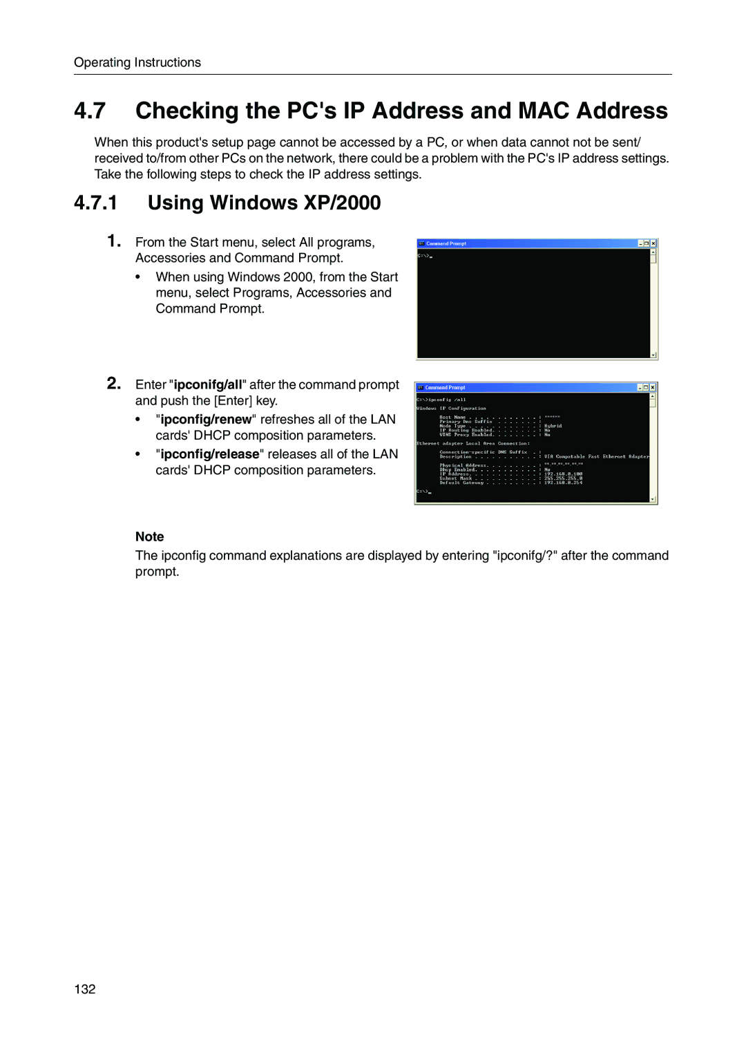 Panasonic BB-HGW700A manual Checking the PCs IP Address and MAC Address, Using Windows XP/2000 