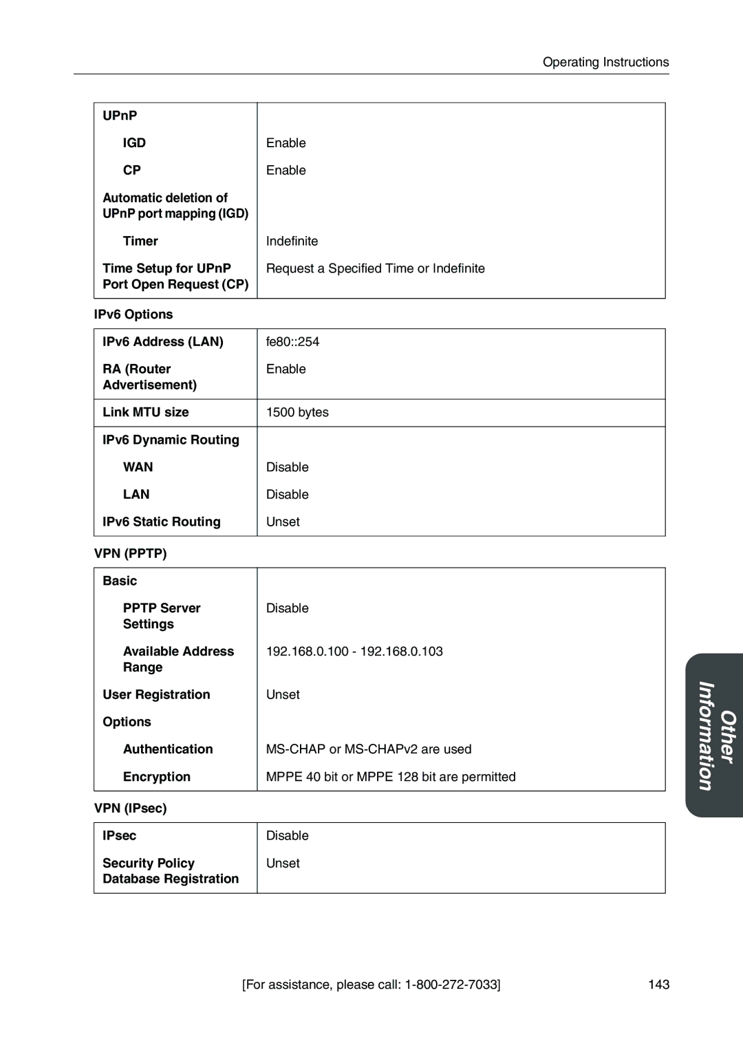 Panasonic BB-HGW700A manual UPnP, IPv6 Static Routing Unset 