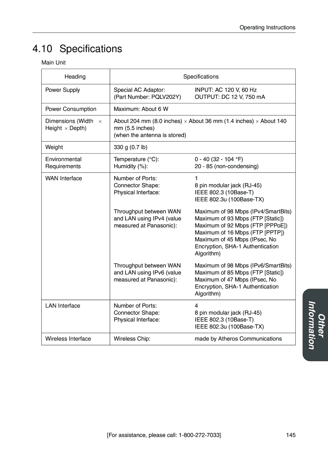 Panasonic BB-HGW700A manual Specifications 