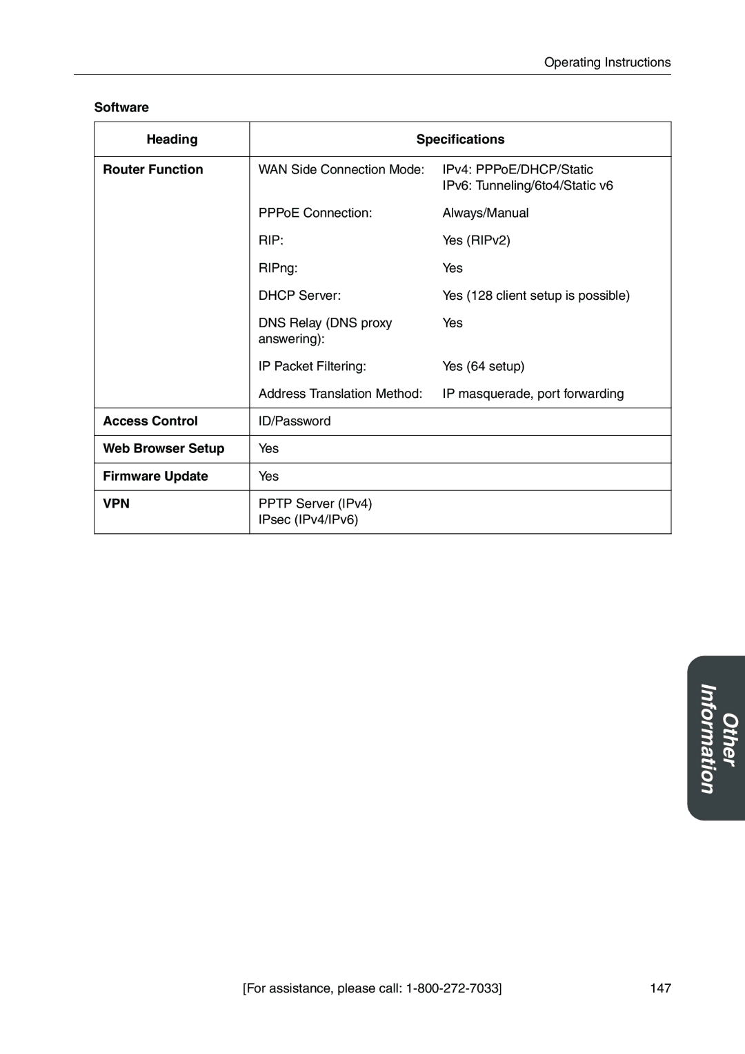 Panasonic BB-HGW700A manual Software Heading Specifications Router Function, Web Browser Setup, Firmware Update 