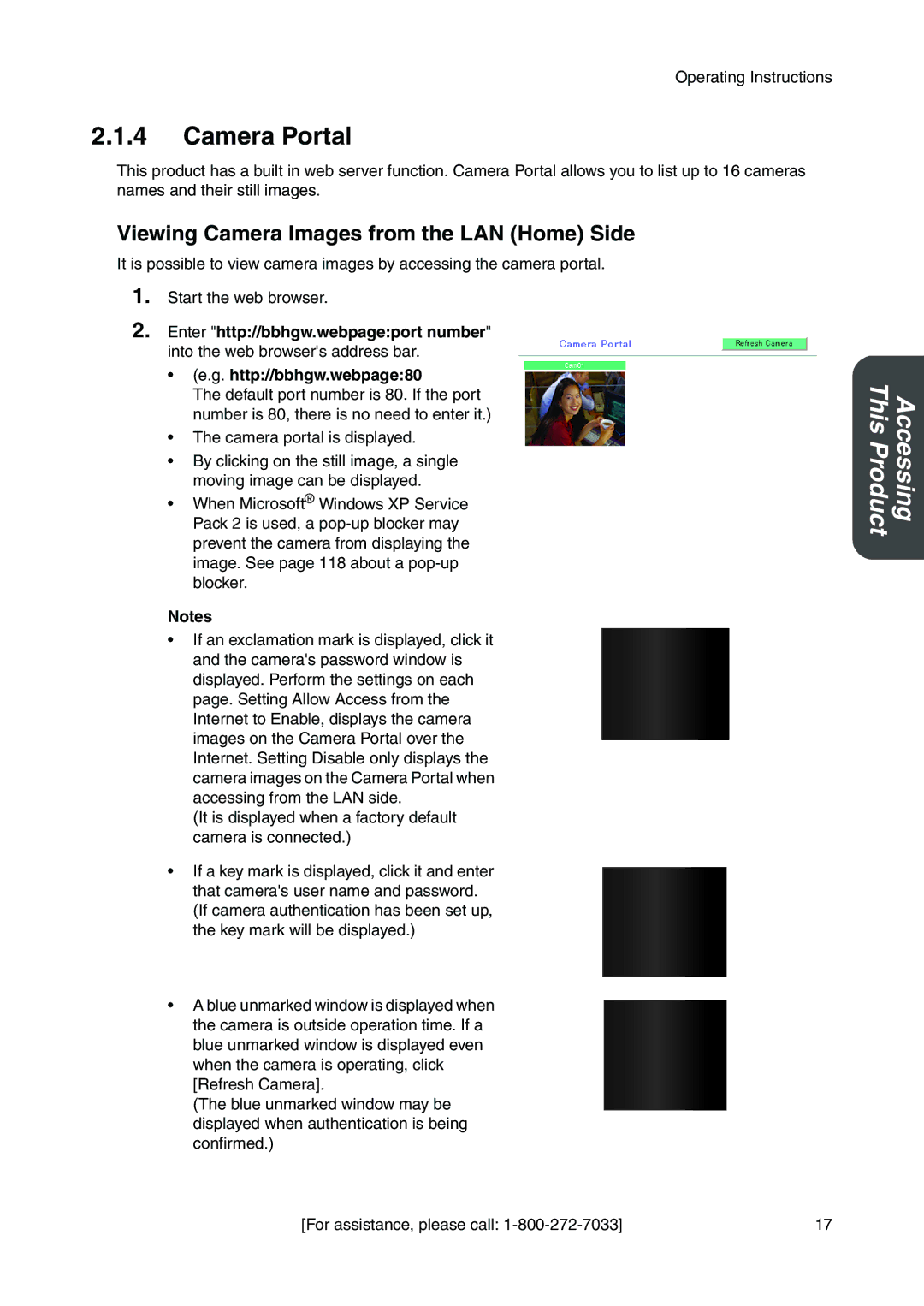 Panasonic BB-HGW700A manual Camera Portal, Viewing Camera Images from the LAN Home Side 