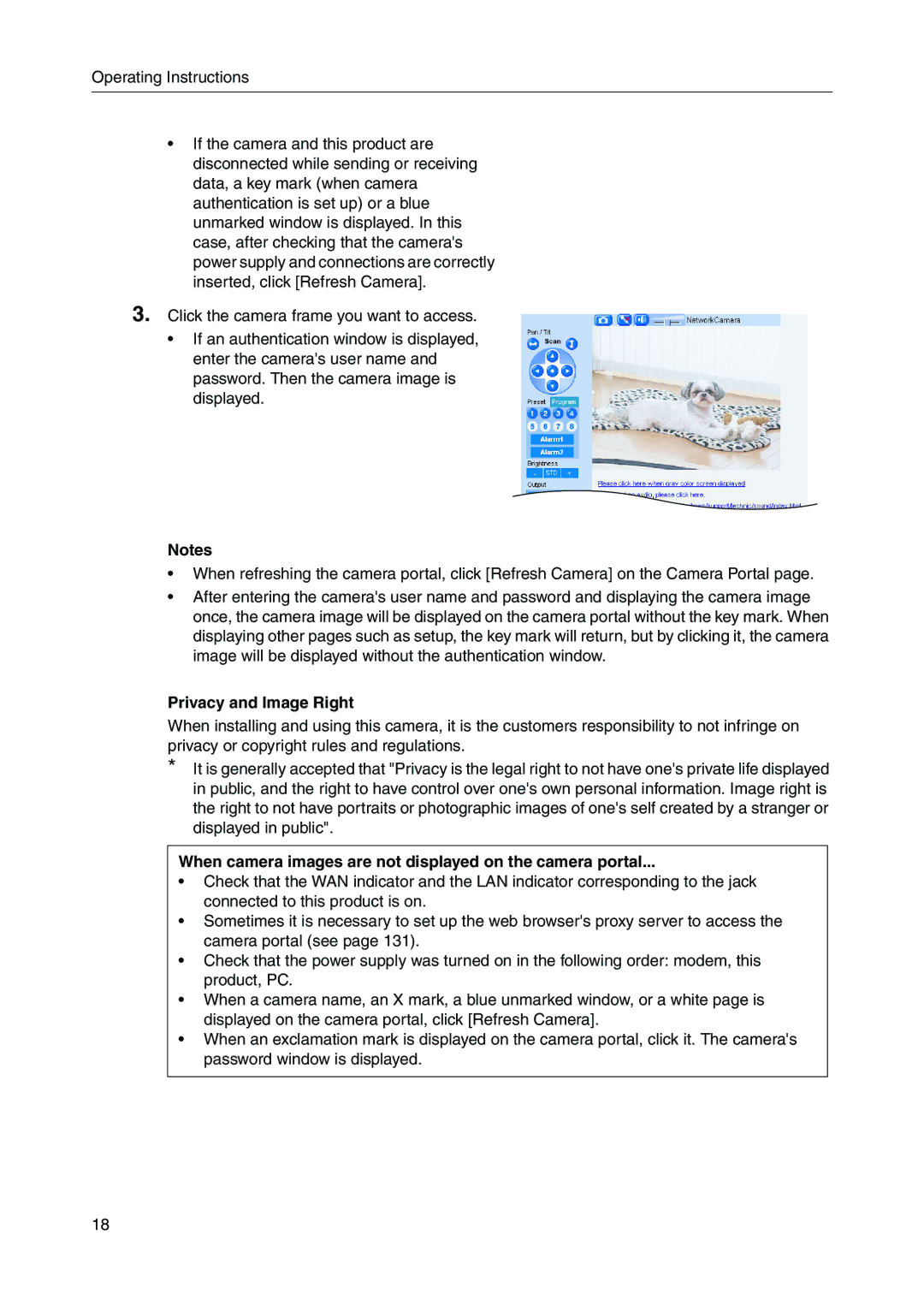 Panasonic BB-HGW700A manual Privacy and Image Right, When camera images are not displayed on the camera portal 