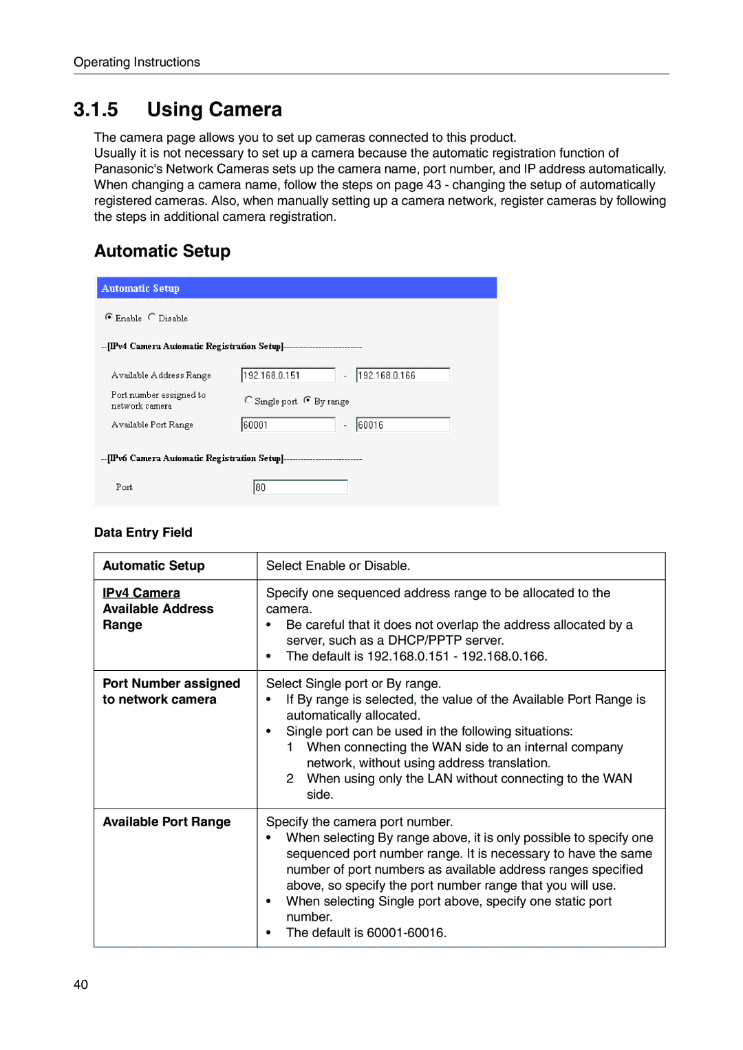 Panasonic BB-HGW700A manual Using Camera, Automatic Setup 