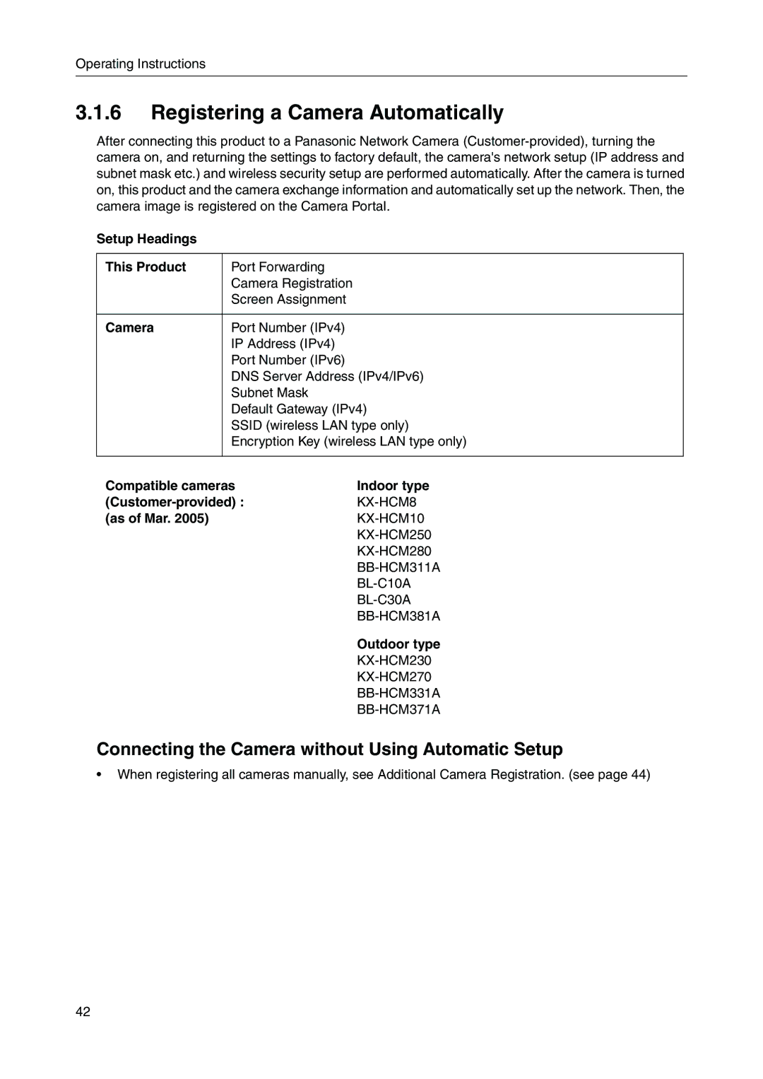 Panasonic BB-HGW700A manual Registering a Camera Automatically, Connecting the Camera without Using Automatic Setup 