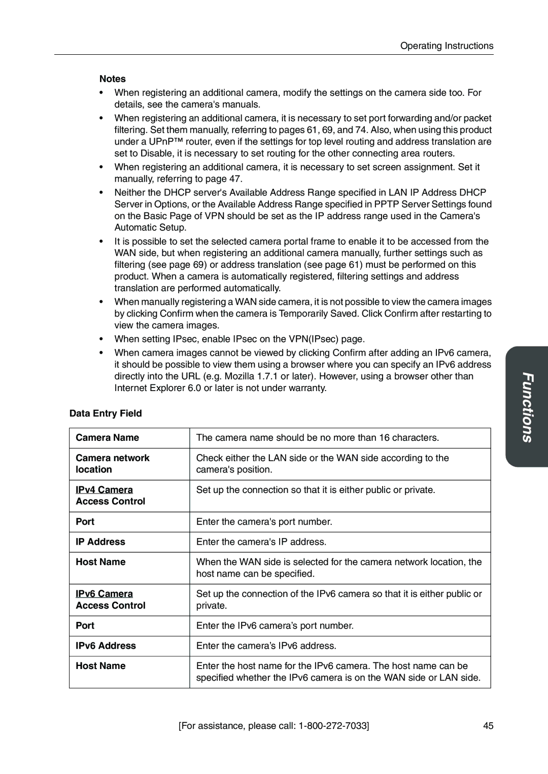 Panasonic BB-HGW700A Data Entry Field Camera Name, Camera network, Location, Access Control Port, IP Address, Host Name 