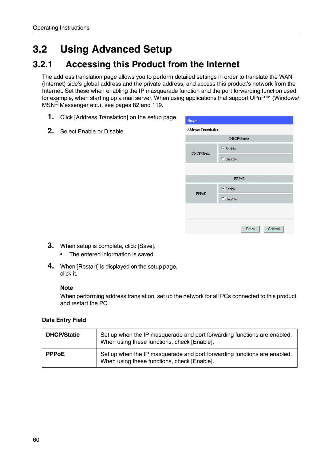 Panasonic BB-HGW700A Using Advanced Setup, Accessing this Product from the Internet, Data Entry Field DHCP/Static, PPPoE 