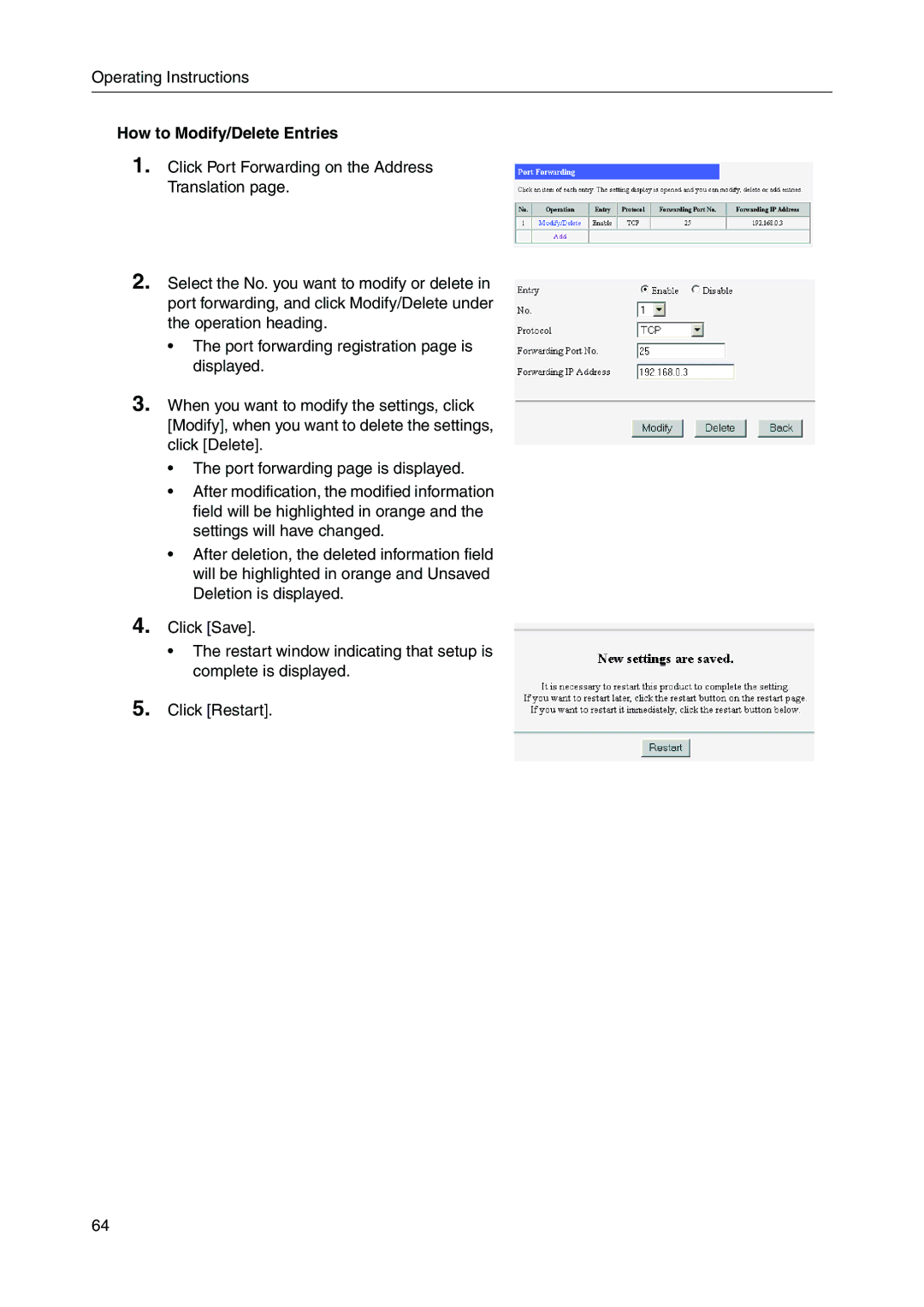 Panasonic BB-HGW700A manual How to Modify/Delete Entries 